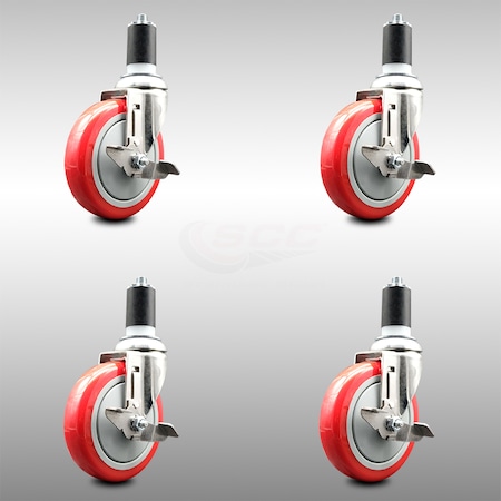 Service Caster 5 Inch 316SS Red Poly Swivel 1-1/2 Inch Expanding Stem Caster Set Brake SCC SCC-SS316EX20S514-PPUB-RED-TLB-112-4